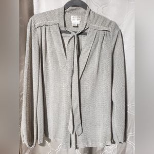 Pale Grey & Off White Silk Print Bow Tie Blouse